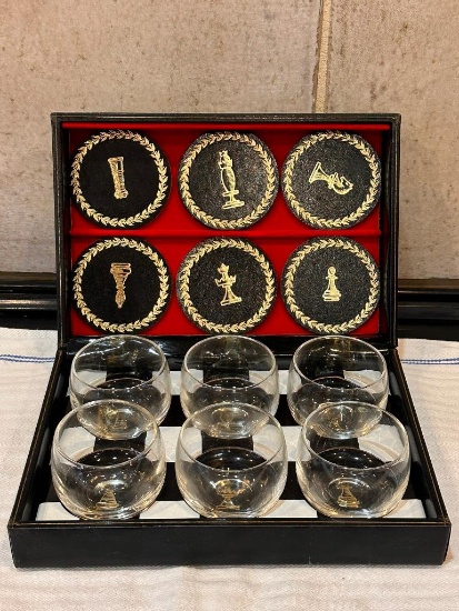 Vintage Chess Cocktail Glass and Coaster Set