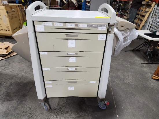 5-Drawer Medical Bedside Cart w/ Some Supplies, Side Compartments on Mobile Base