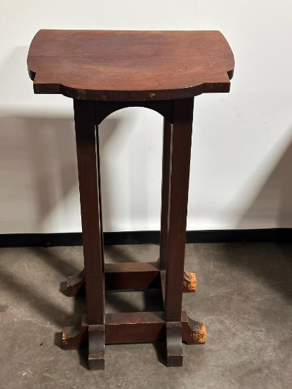 Antique Wood Plant Stand, Original Finish, Missing Stain on 2 Legs, 16in x 12in x 30in
