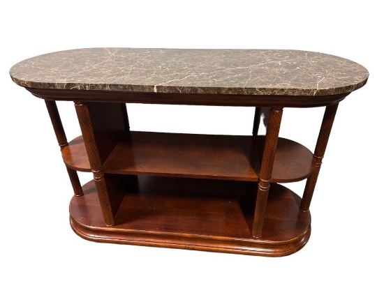 Marble Top Oval Console Table with Solid Wood Base, Structure and Shelves, Spindle Legs 65in x 25in