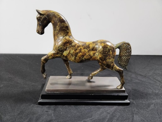 Galloping Horse Cast Metal Sculpture on Wood Base, 13in H