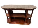 Marble Top Oval Console Table with Solid Wood Base, Structure and Shelves, Spindle Legs 65in x 25in
