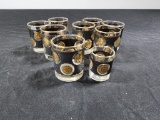 Set of 8 Vintage Gold Coin Tumblers or Whiskey Glasses & 1 Matching Shot Glass