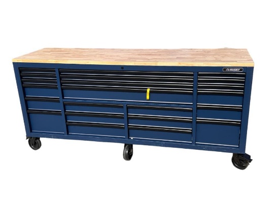 New Husky 84in 22-Drawer Mobile Work Bench, Blue, 670lb, Solid Wood Top w/ Keys, MSRP: $1,588.00