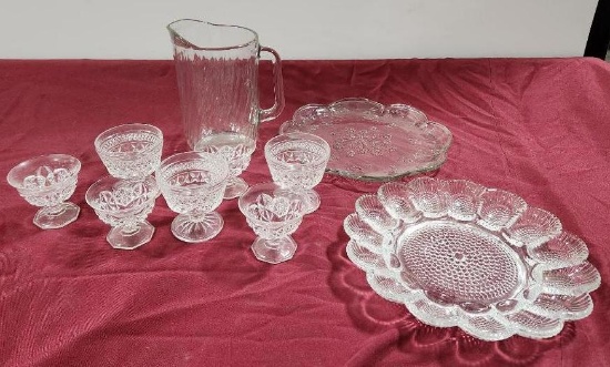 Crystal or Cut Glass Vintage Sherbet Glasses, Egg Platter, Plate & Pitcher