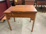 Sewing Machine Cabinet, No Machine, 1 Drawer, Top Opens, Rising Table Inside, 48in Open, 32in Closed