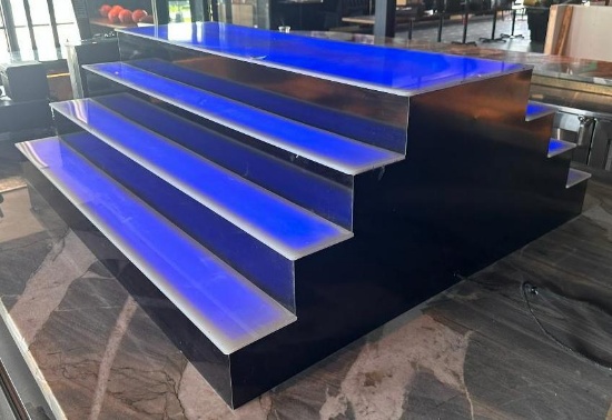 Lighted Bottle Riser, Lighted Acrylic Shelves w/ Blue Glow, 48in Wide, 16in H