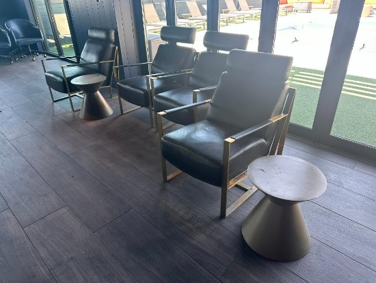 Four Black Leather and Gold Finish Arm Chairs w/ 2 Side Tables