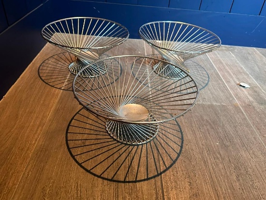 Lot of 3, Chrome Wire Pedestal Fruit or Serving Bowls, Pair, All for One Bid