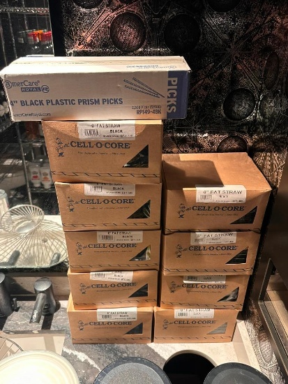 (9) Sealed Boxes of Cell-O-Core 6" Fat Straw Black, 500 Each, Plus Box of 4in Black Prism Picks