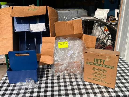 Blue Condiment Holders, Jagermeister Shot Glasses, Jiffy Glass Washing Brushes
