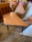 Lot of 2, 57in Adjustable Height Trapezoid Work Table w/ Laminate Top Wood Grain Design