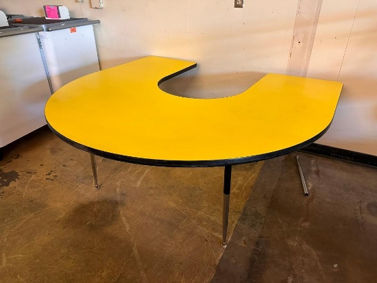 Yellow Half-Round Kidney School Table, Adjustable Height, 66in x 60in