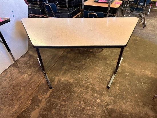 Lot of 2, 57in Adjustable Height Trapezoid Work Table w/ Laminate Top Grey Design