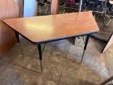 Lot of 2, 57in Adjustable Height Trapezoid Work Table w/ Laminate Top Wood Grain Design
