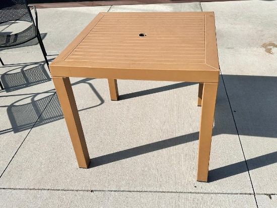 Outdoor Patio Table, HD Plastic, 31-1/2in Square, 30in H w/ Center Hole for Umbrella, Includes