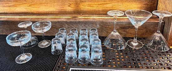 Group of Shot Glasses, Martini Glasses, Acopa 5oz Coupe Cocktail Glasses