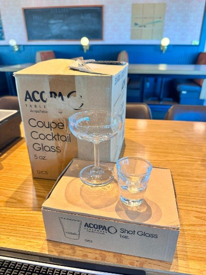 Case of 12 Acopa 1oz Shot Glasses, Case of 12 Acopa 5oz Coupe Cocktail Glasses