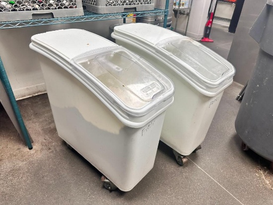 Pair of 21 Gallon White Slant Top Mobile Ingredient Storage Bins