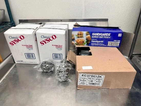 3 Boxes Sysco Stainless Steel Scrubbers, Bamboo Knot Picks 4in, 37in x 50in Trash Bags
