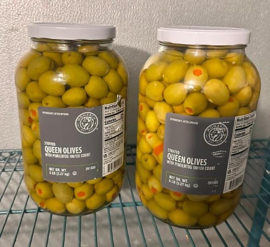 2 Large Sealed Jars Stuffed Green Olives, 5lb Jars, Refrigerated in Walk-In