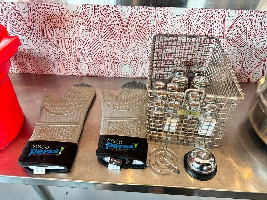 5 Pair Salt & Pepper Shakers, 4 Red Pepper Flake Shakers, Bell, Ticket Stab & 2 Sysco Perks Oven