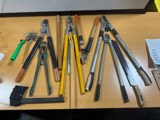 Group of Yard Tools, Corn Knife, Loppers, Hatchet and More