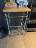 Mobile Chrome Metal Shelving Unit / Cart w/ 3 Shelves & Factory Solid Wood Cutting Board Surface Top