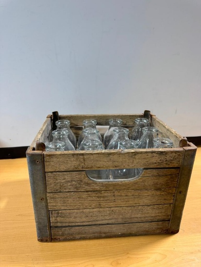 Wood Crate Full of Vintage Milk Bottles
