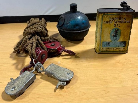Smudge Pot, Cream Separator Oil Can, Block and Tackle