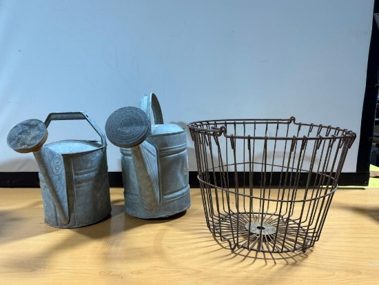 Two Galvanized Sprinkler Watering Cans and Wire Egg Basket
