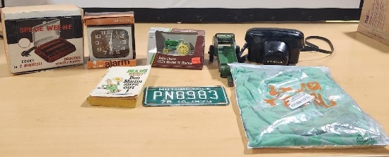 John Deere Model A Toy, Motorcycle License Plate, Clock, Camera