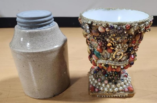 Folk Art Costume Jewelry Challis and Stoneware Mason Style Jar