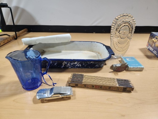 Group of Collectibles, Shirley Temple Pitcher, Enamel Pan, Folding Ruler, Figural Chief Stopper,
