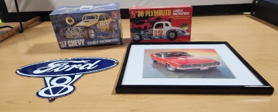 Pair of Car Model Kits, Car Framed Picture, Ford V8 Replica Sign