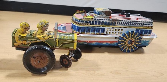 Two Vintage Tin Toys, Paddle Wheel Show Boat and Jumpin Jeep