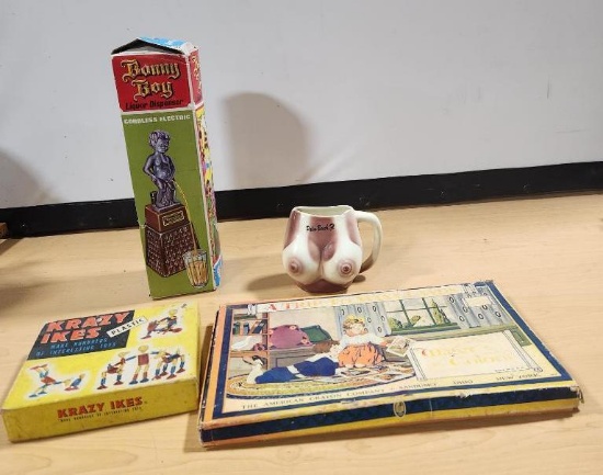 Vintage American Crayon Set, Winter Colors, Krazy Ikes Game, Titty Mug, Bonny Boy Liquor Dispenser