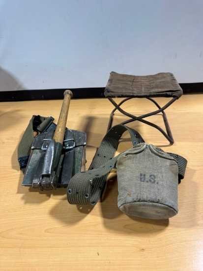 Vintage Army Gear, Folding Shovel, Canteen, Stand/Bench