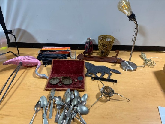 Group of Random Collectibles, Silverware, Pocket Scale, Yard Flamingo, Bike Tube, Lamp, Horse, Misc.