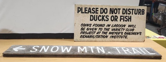Vintage Hand Painted Peony Park Lagoon Sign, Do Not Disturb Ducks & Fish, Snow Mtn Trail Wood Sign