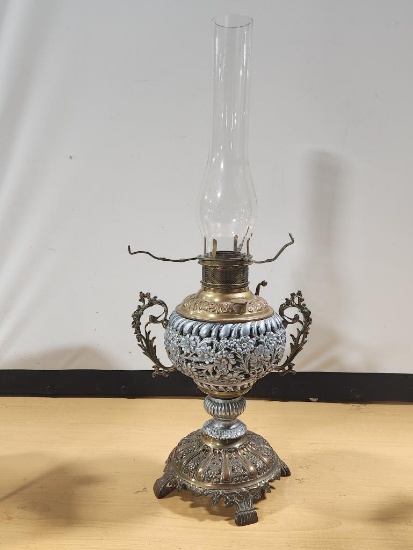 Ornate Metal Kerosene Lamp, Amber Shade, Includes Chimney, See Next Image of the Shade