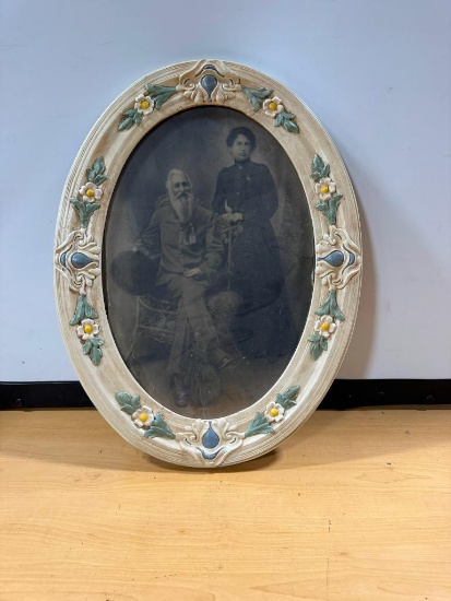 Antique Civil War Era Couples Portrait in Convex Glass Oval Ornate Frame