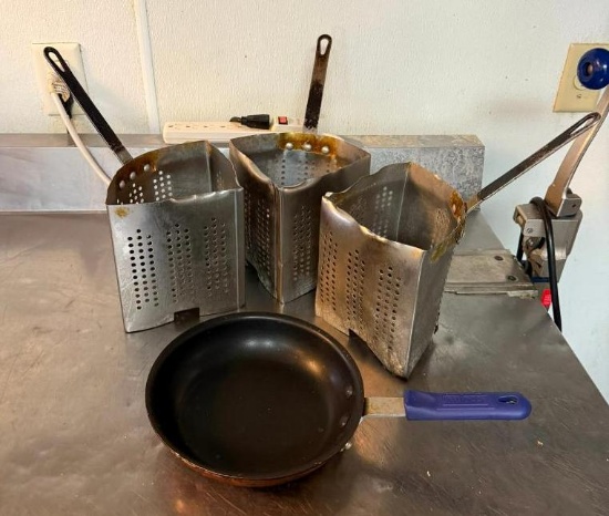 Three Stock Pot Strainers/Steamers, 8in Commercial Fry Pan