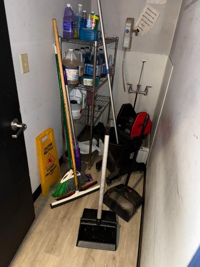 Closet of Janitorial Supplies, Dust Pans, Mop Bucket, Mop, Brooms, Sign, Chemicals, Shelf