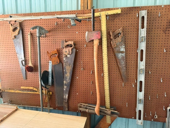 Group of Tools, Saws, Conduit Bender, Axe, Drywall Square, Level, Old Jack, Water Wrench, Fence