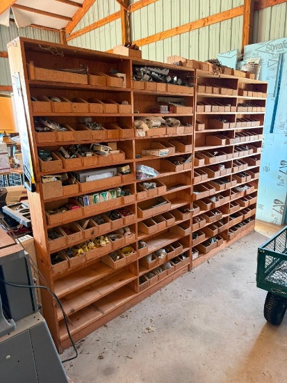 10ft Long Shop Made Pigeon Hole Hardware Cabinet Full of Misc. Hardware, Parts and Inventory
