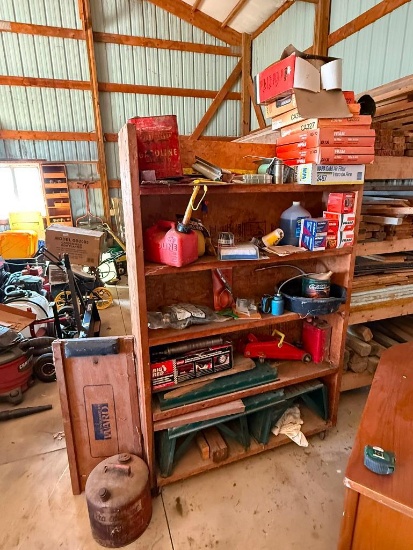 Shelving Unit w/ Creeper, Gas Cans, Ramps, Oil Change Supplies, Filters, Grease Gun and More