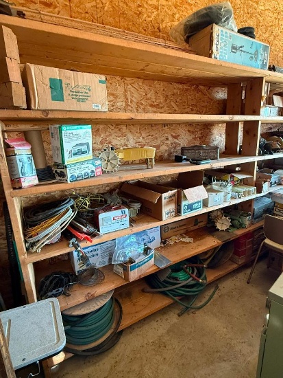 Two Shelving Units Full of Tools and Hardware, Shop Supplies, Battery Chargers, Romex, Sprinklers