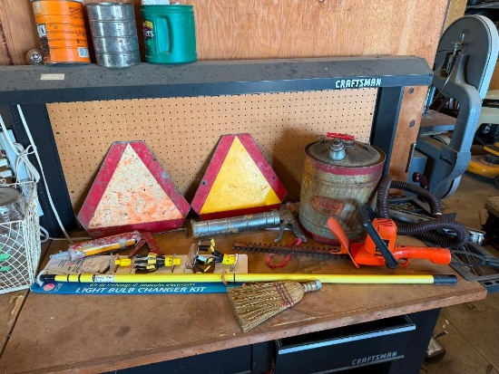 Slow Signs, Vintage Fuel Can, Caulk Guns, Brush, Light Bulb Changer, Hedge Trimmer