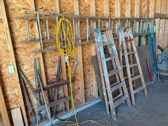 Three Wood Ladders, Fence Posts (2-Types), Electrical Cord